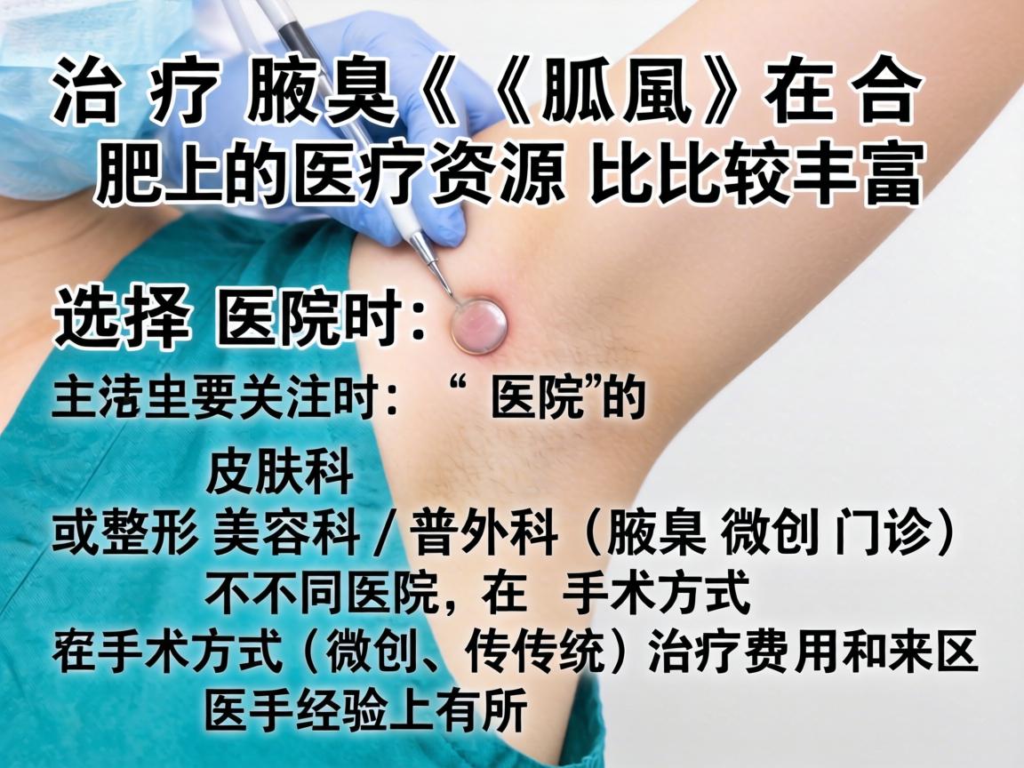 治疗腋臭(狐臭)在合肥的医疗资源比较丰富。选择医院时,主要关注医院的皮肤科或整形美容科/普外科(腋臭微创门诊)不同医院在手术方式(微创、传统)治疗费用和医生经验上有所区别 治疗腋臭(狐臭)在合肥的医疗资源比较丰富。选择医院时,主要关注医院的皮肤科或整形美容科/普外科(腋臭微创门诊)不同医院在手术方式(微创、传统)治疗费用和医生经验上有所区别
