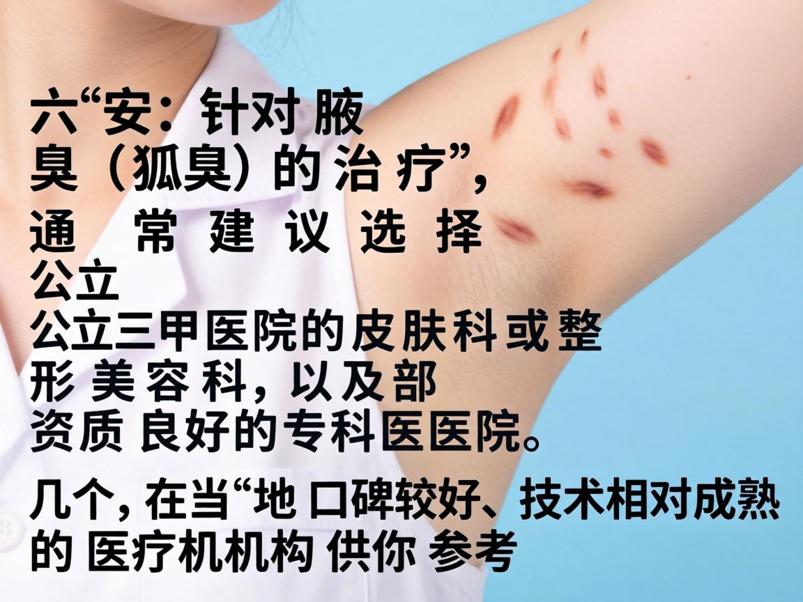 在六安,针对腋臭(狐臭)的治疗,通常建议选择公立三甲医院的皮肤科或整形美容科,以及部分资质良好的专科医院。以下是几个在当地口碑较好、技术相对成熟的医疗机构供你参考 在六安,针对腋臭(狐臭)的治疗,通常建议选择公立三甲医院的皮肤科或整形美容科,以及部分资质良好的专科医院。以下是几个在当地口碑较好、技术相对成熟的医疗机构供你参考