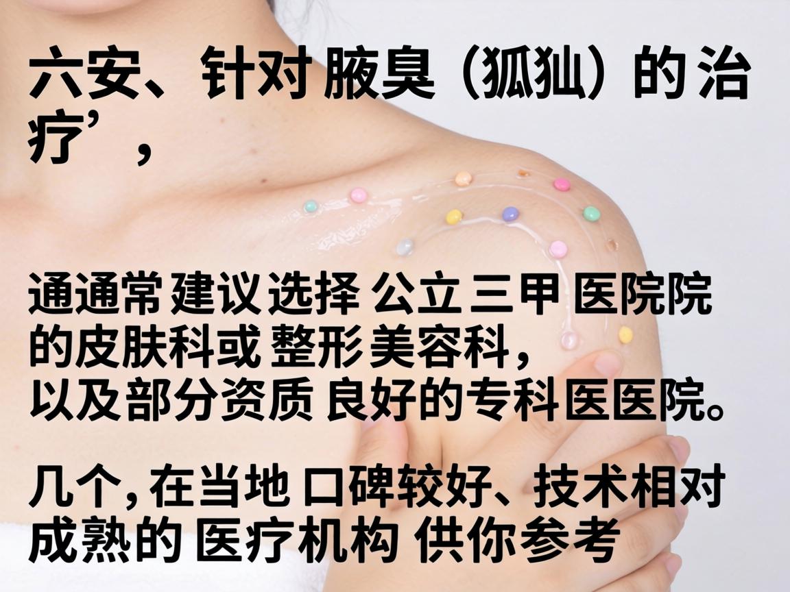在六安,针对腋臭(狐臭)的治疗,通常建议选择公立三甲医院的皮肤科或整形美容科,以及部分资质良好的专科医院。以下是几个在当地口碑较好、技术相对成熟的医疗机构供你参考 在六安,针对腋臭(狐臭)的治疗,通常建议选择公立三甲医院的皮肤科或整形美容科,以及部分资质良好的专科医院。以下是几个在当地口碑较好、技术相对成熟的医疗机构供你参考