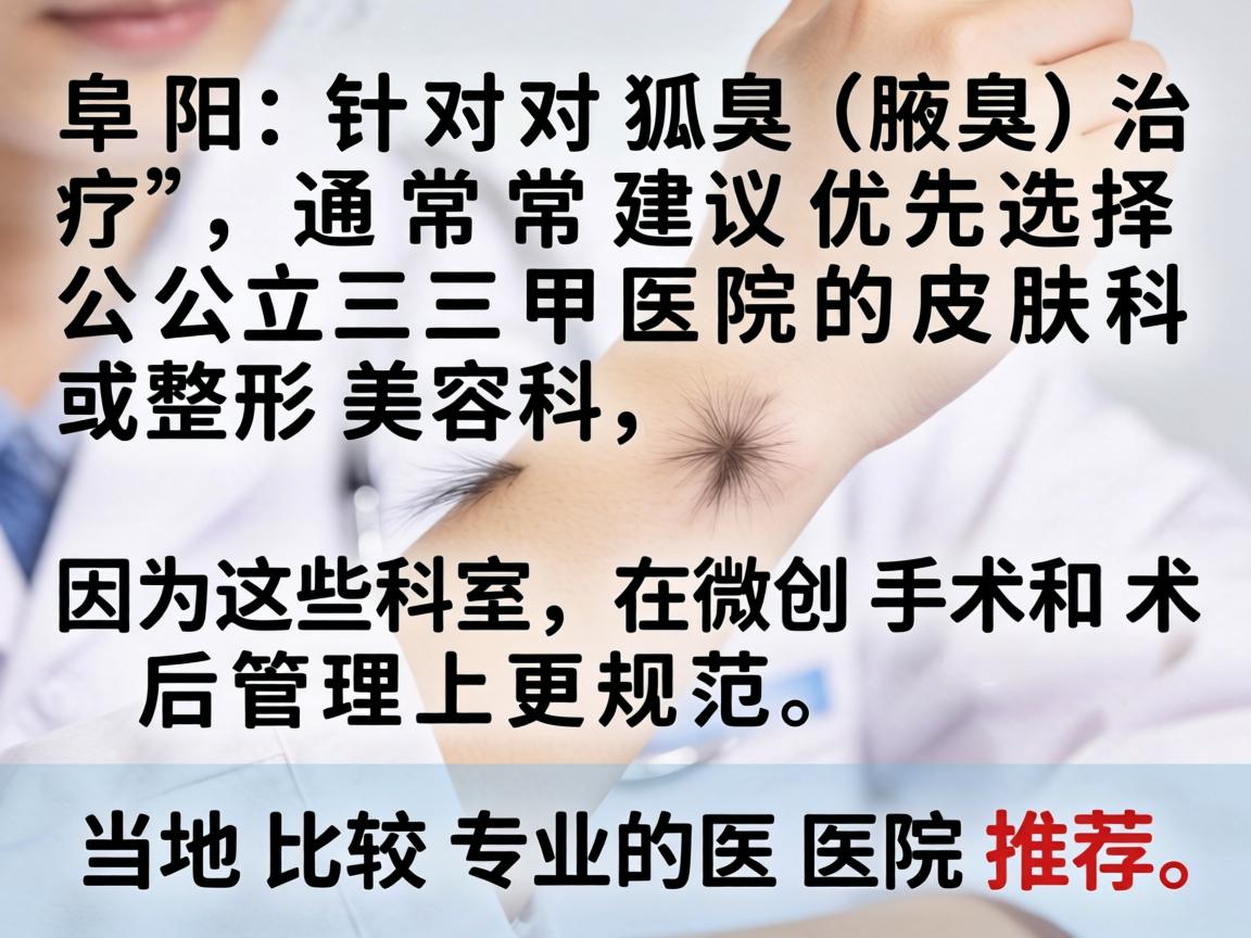 在阜阳,针对狐臭(腋臭)治疗,通常建议优先选择公立三甲医院的皮肤科或整形美容科,因为这些科室在微创手术和术后管理上更规范。以下是当地比较专业的医院推荐 在阜阳,针对狐臭(腋臭)治疗,通常建议优先选择公立三甲医院的皮肤科或整形美容科,因为这些科室在微创手术和术后管理上更规范。以下是当地比较专业的医院推荐