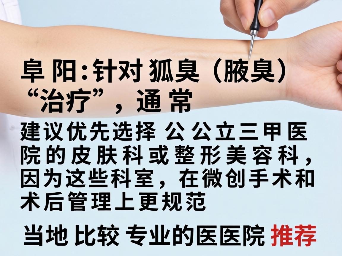 在阜阳,针对狐臭(腋臭)治疗,通常建议优先选择公立三甲医院的皮肤科或整形美容科,因为这些科室在微创手术和术后管理上更规范。以下是当地比较专业的医院推荐 在阜阳,针对狐臭(腋臭)治疗,通常建议优先选择公立三甲医院的皮肤科或整形美容科,因为这些科室在微创手术和术后管理上更规范。以下是当地比较专业的医院推荐