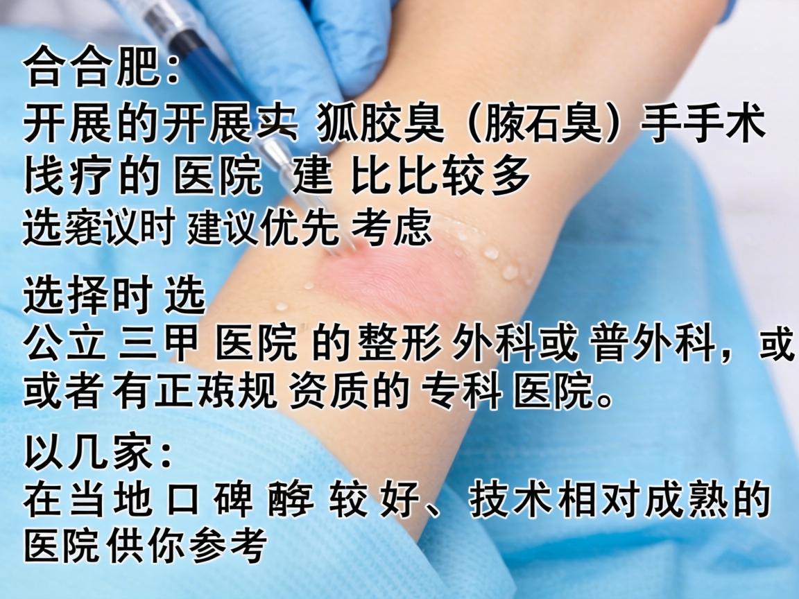 在合肥,开展狐臭(腋臭)手术的医院比较多,选择时建议优先考虑公立三甲医院的整形外科或普外科,或者有正规资质的专科医院。以下是几家在当地口碑较好、技术相对成熟的医院供你参考 在合肥,开展狐臭(腋臭)手术的医院比较多,选择时建议优先考虑公立三甲医院的整形外科或普外科,或者有正规资质的专科医院。以下是几家在当地口碑较好、技术相对成熟的医院供你参考