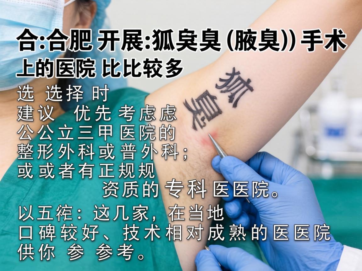 在合肥,开展狐臭(腋臭)手术的医院比较多,选择时建议优先考虑公立三甲医院的整形外科或普外科,或者有正规资质的专科医院。以下是几家在当地口碑较好、技术相对成熟的医院供你参考 在合肥,开展狐臭(腋臭)手术的医院比较多,选择时建议优先考虑公立三甲医院的整形外科或普外科,或者有正规资质的专科医院。以下是几家在当地口碑较好、技术相对成熟的医院供你参考