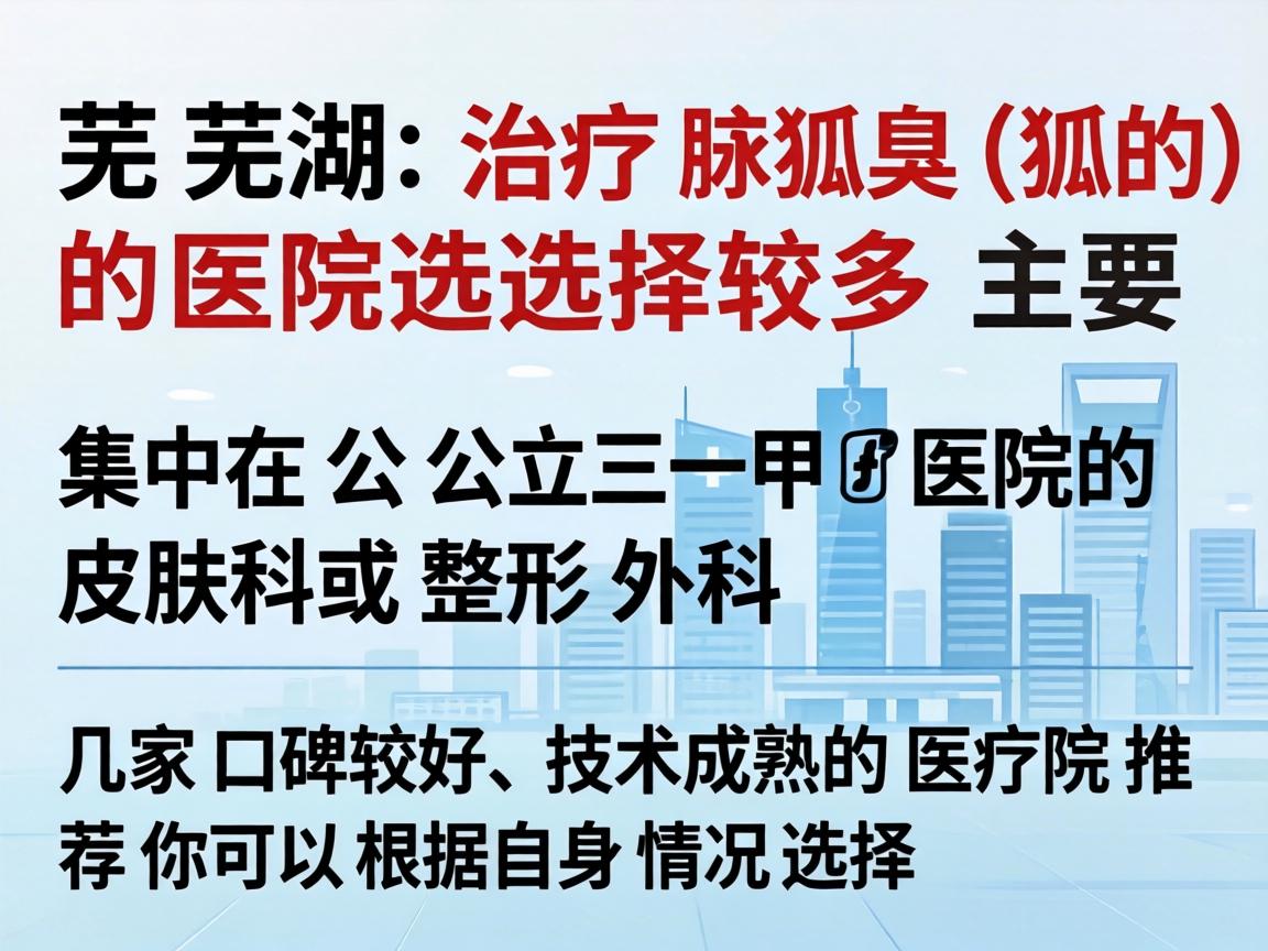 在芜湖,治疗腋臭(狐臭)的医院选择较多,主要集中在公立三甲医院的皮肤科或整形外科。以下是几家口碑较好、技术成熟的医院推荐,你可以根据自身情况选择 在芜湖,治疗腋臭(狐臭)的医院选择较多,主要集中在公立三甲医院的皮肤科或整形外科。以下是几家口碑较好、技术成熟的医院推荐,你可以根据自身情况选择