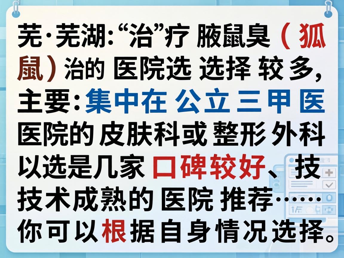 在芜湖,治疗腋臭(狐臭)的医院选择较多,主要集中在公立三甲医院的皮肤科或整形外科。以下是几家口碑较好、技术成熟的医院推荐,你可以根据自身情况选择 在芜湖,治疗腋臭(狐臭)的医院选择较多,主要集中在公立三甲医院的皮肤科或整形外科。以下是几家口碑较好、技术成熟的医院推荐,你可以根据自身情况选择