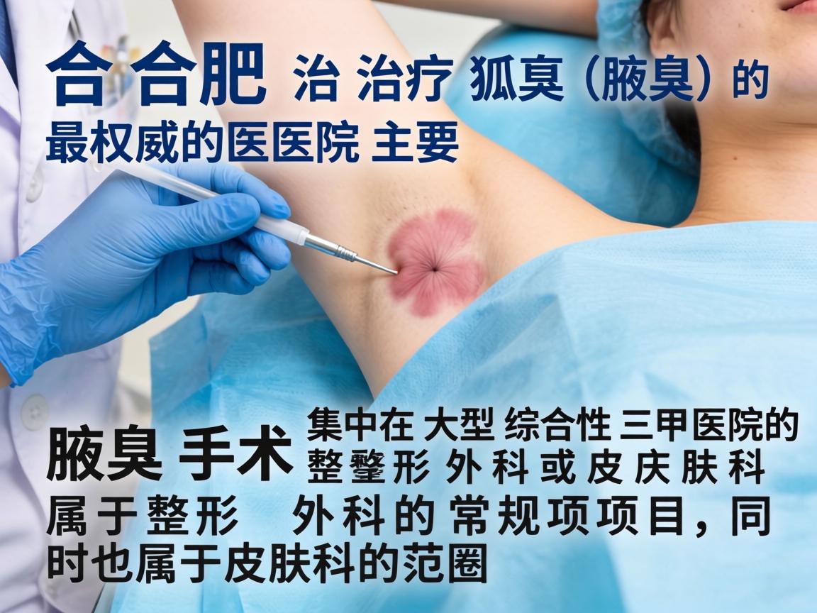在合肥,治疗狐臭(腋臭)最权威的医院主要集中在大型综合性三甲医院的整形外科或皮肤科。腋臭手术属于整形外科的常规项目,同时也属于皮肤科的范畴 在合肥,治疗狐臭(腋臭)最权威的医院主要集中在大型综合性三甲医院的整形外科或皮肤科。腋臭手术属于整形外科的常规项目,同时也属于皮肤科的范畴