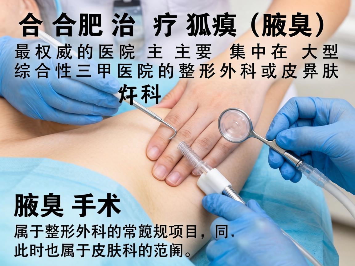 在合肥,治疗狐臭(腋臭)最权威的医院主要集中在大型综合性三甲医院的整形外科或皮肤科。腋臭手术属于整形外科的常规项目,同时也属于皮肤科的范畴 在合肥,治疗狐臭(腋臭)最权威的医院主要集中在大型综合性三甲医院的整形外科或皮肤科。腋臭手术属于整形外科的常规项目,同时也属于皮肤科的范畴