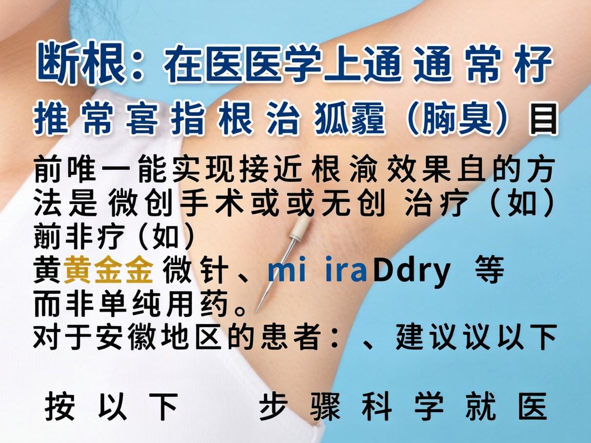 断根在医学上通常指根治狐臭(腋臭)目前唯一能实现接近根治效果的方法是微创手术或无创治疗(如黄金微针、miraDry等)而非单纯用药。对于安徽地区的患者,建议按以下步骤科学就医 断根在医学上通常指根治狐臭(腋臭)目前唯一能实现接近根治效果的方法是微创手术或无创治疗(如黄金微针、miraDry等)而非单纯用药。对于安徽地区的患者,建议按以下步骤科学就医