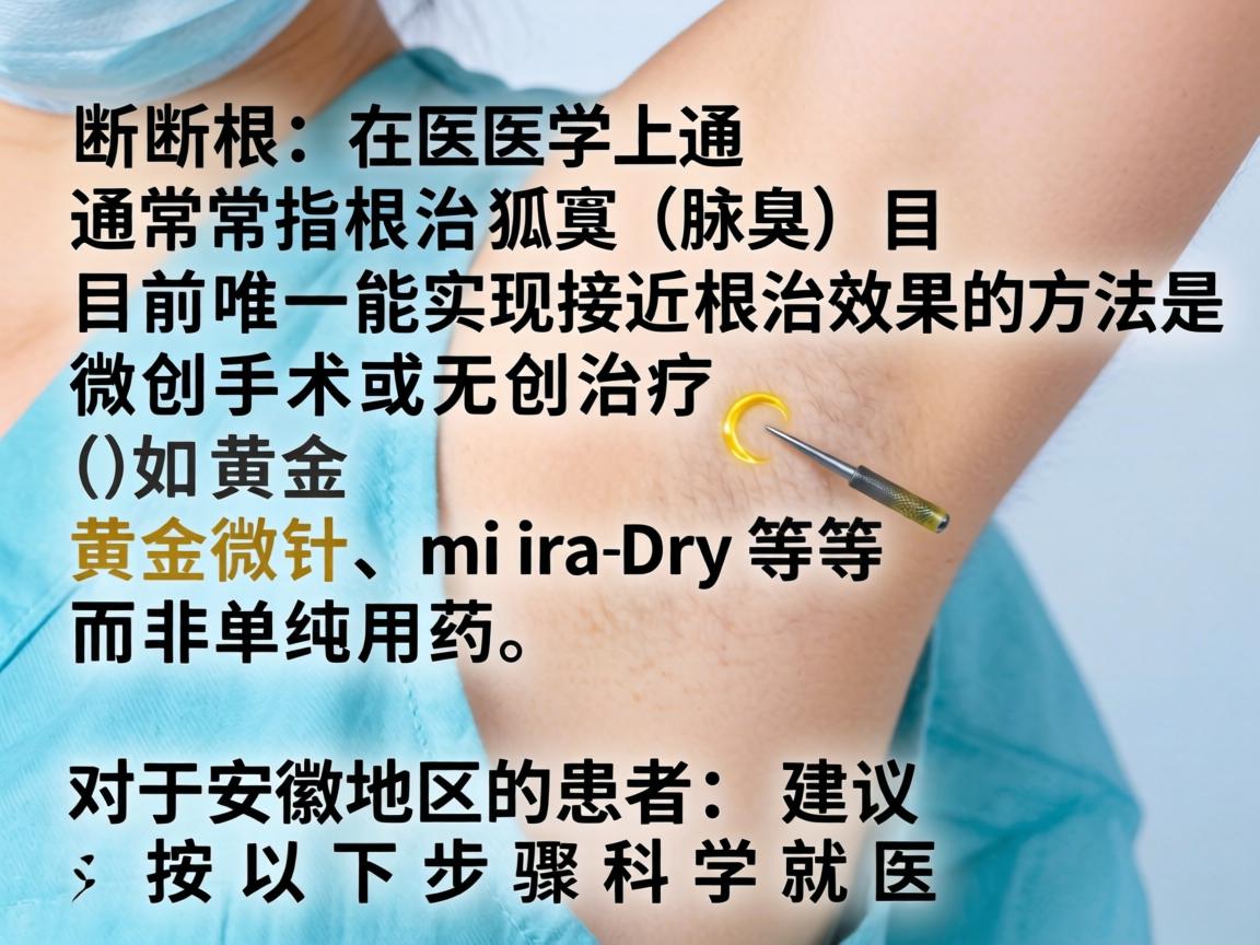 断根在医学上通常指根治狐臭(腋臭)目前唯一能实现接近根治效果的方法是微创手术或无创治疗(如黄金微针、miraDry等)而非单纯用药。对于安徽地区的患者,建议按以下步骤科学就医 断根在医学上通常指根治狐臭(腋臭)目前唯一能实现接近根治效果的方法是微创手术或无创治疗(如黄金微针、miraDry等)而非单纯用药。对于安徽地区的患者,建议按以下步骤科学就医