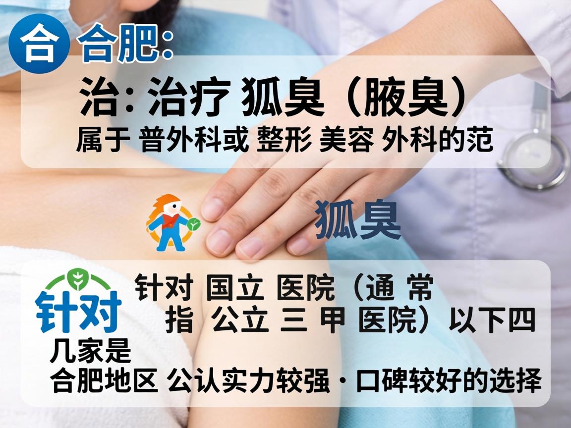 在合肥，治疗狐臭（腋臭）属于普外科或整形美容外科的范畴。针对国立医院（通常指公立三甲医院）以下几家是合肥地区公认实力较强、口碑较好的选择