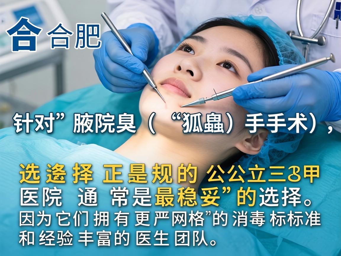 在合肥,针对腋臭(狐臭)手术,选择正规的公立三甲医院通常是最稳妥的选择,因为它们拥有更严格的消毒标准和经验丰富的医生团队 在合肥,针对腋臭(狐臭)手术,选择正规的公立三甲医院通常是最稳妥的选择,因为它们拥有更严格的消毒标准和经验丰富的医生团队