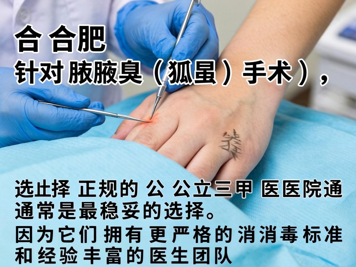 在合肥,针对腋臭(狐臭)手术,选择正规的公立三甲医院通常是最稳妥的选择,因为它们拥有更严格的消毒标准和经验丰富的医生团队 在合肥,针对腋臭(狐臭)手术,选择正规的公立三甲医院通常是最稳妥的选择,因为它们拥有更严格的消毒标准和经验丰富的医生团队