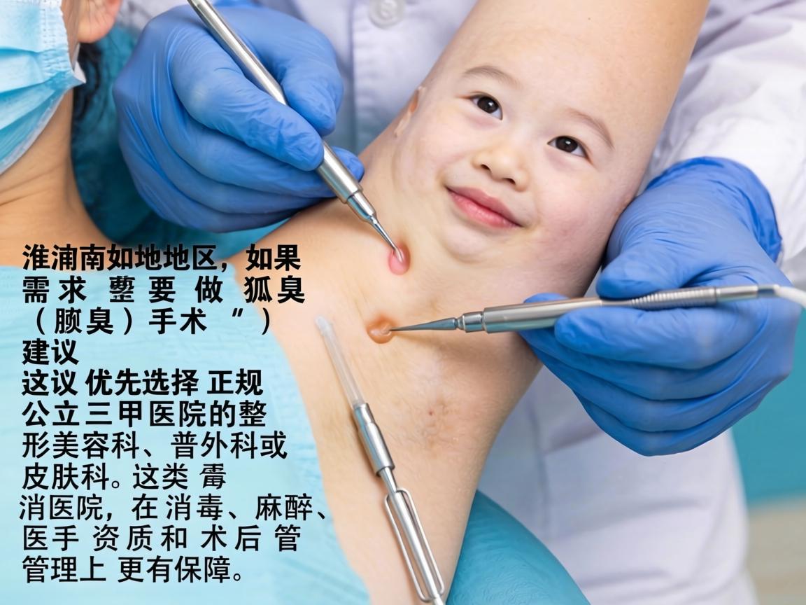 在淮南地区,如果需要做狐臭(腋臭)手术,建议优先选择正规公立三甲医院的整形美容科、普外科或皮肤科。这类医院在消毒、麻醉、医生资质和术后管理上更有保障 在淮南地区,如果需要做狐臭(腋臭)手术,建议优先选择正规公立三甲医院的整形美容科、普外科或皮肤科。这类医院在消毒、麻醉、医生资质和术后管理上更有保障