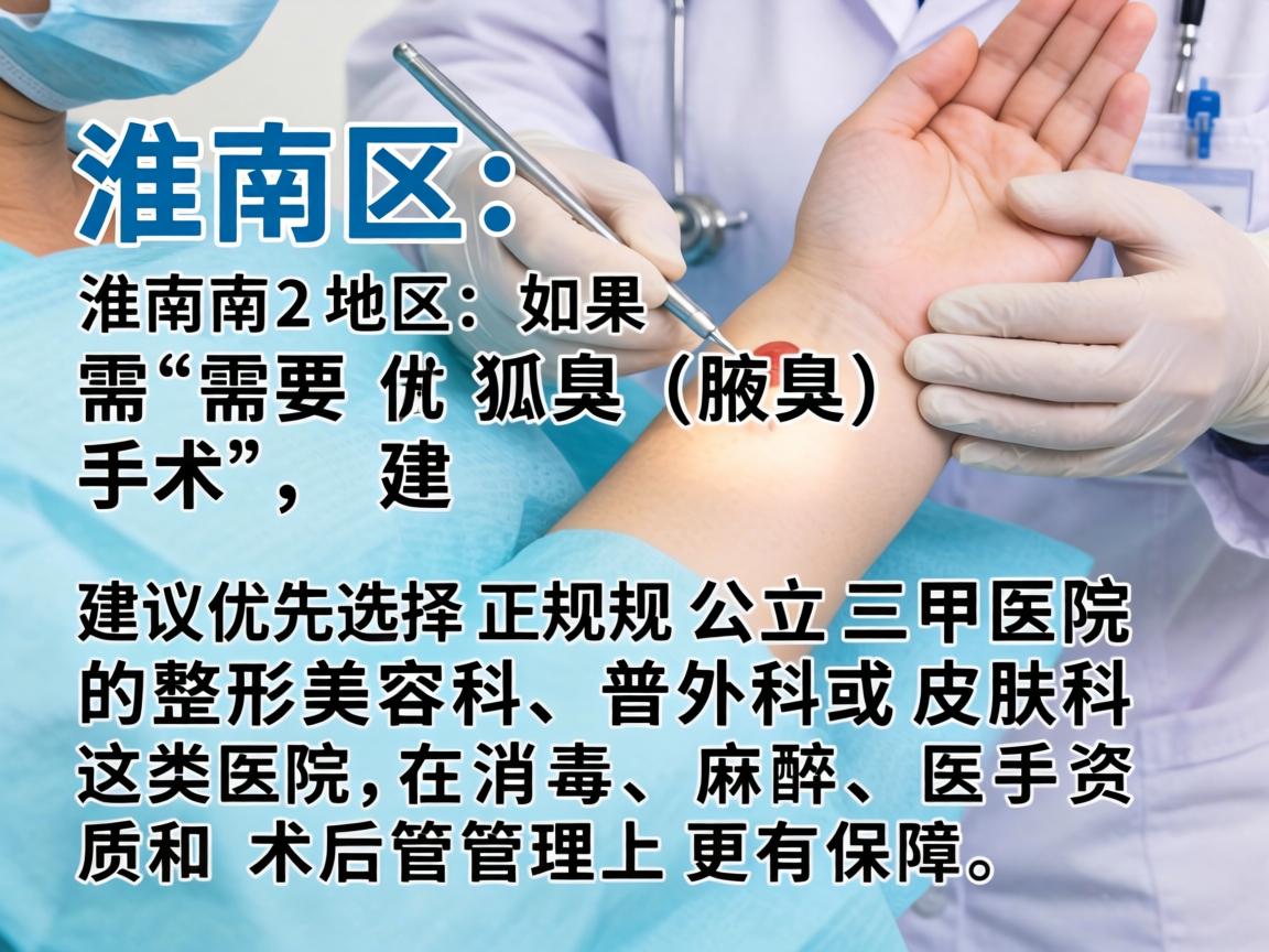 在淮南地区,如果需要做狐臭(腋臭)手术,建议优先选择正规公立三甲医院的整形美容科、普外科或皮肤科。这类医院在消毒、麻醉、医生资质和术后管理上更有保障 在淮南地区,如果需要做狐臭(腋臭)手术,建议优先选择正规公立三甲医院的整形美容科、普外科或皮肤科。这类医院在消毒、麻醉、医生资质和术后管理上更有保障