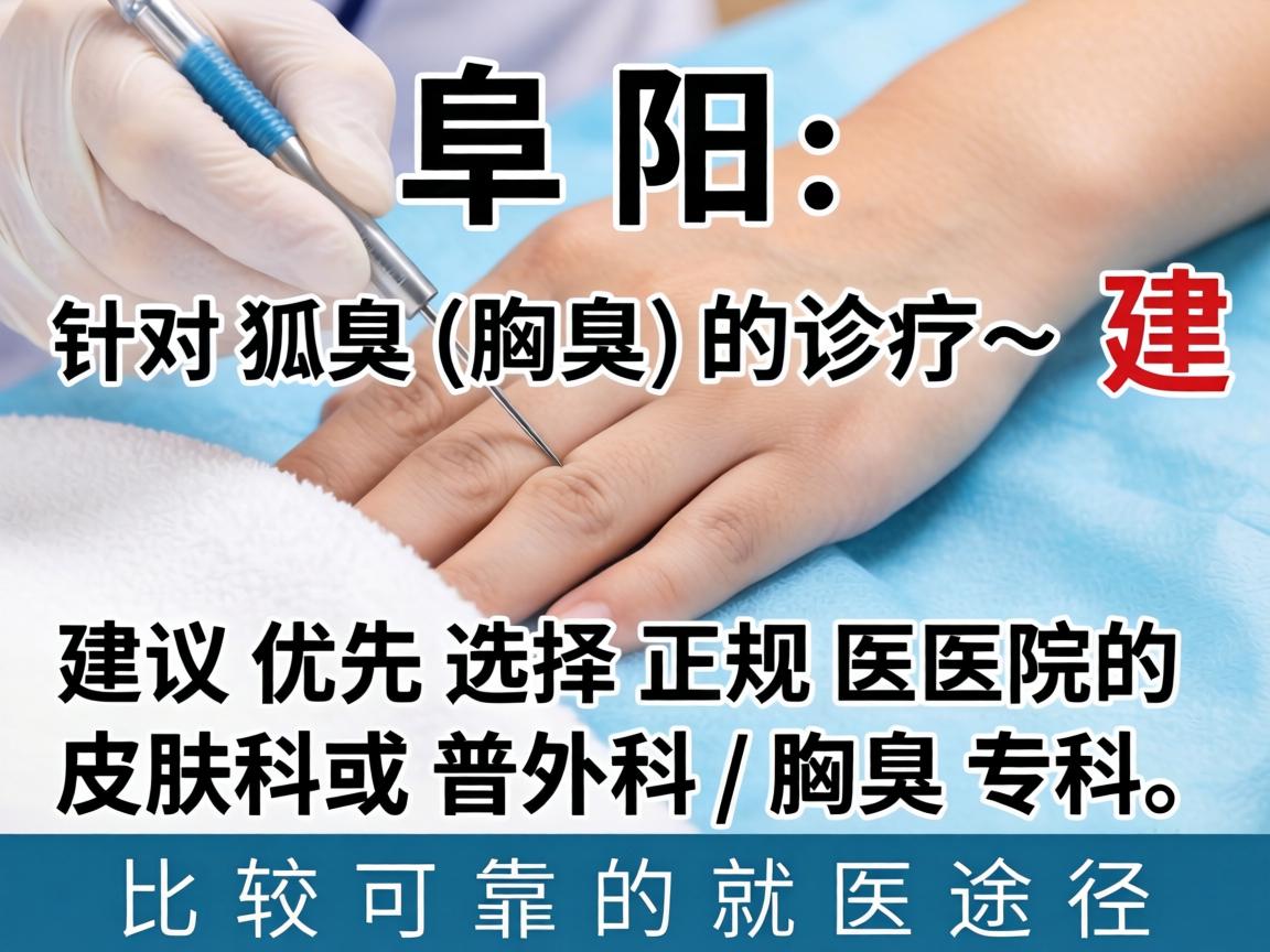 在阜阳，针对狐臭（腋臭）的诊疗，建议优先选择正规医院的皮肤科或普外科/腋臭专科。以下是比较可靠的就医途径