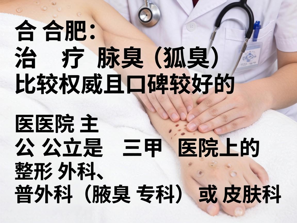 在合肥,治疗腋臭(狐臭)比较权威且口碑较好的医院主要是公立三甲医院的整形外科、普外科(腋臭专科)或皮肤科 在合肥,治疗腋臭(狐臭)比较权威且口碑较好的医院主要是公立三甲医院的整形外科、普外科(腋臭专科)或皮肤科