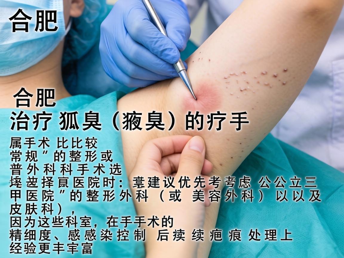 在合肥,治疗狐臭(腋臭)的手术属于比较常规的整形或普外科手术。选择医院时,建议优先考虑公立三甲医院的整形外科(或美容外科)以及皮肤科,因为这些科室在手术的精细度、感染控制和后续疤痕处理上经验更丰富 在合肥,治疗狐臭(腋臭)的手术属于比较常规的整形或普外科手术。选择医院时,建议优先考虑公立三甲医院的整形外科(或美容外科)以及皮肤科,因为这些科室在手术的精细度、感染控制和后续疤痕处理上经验更丰富