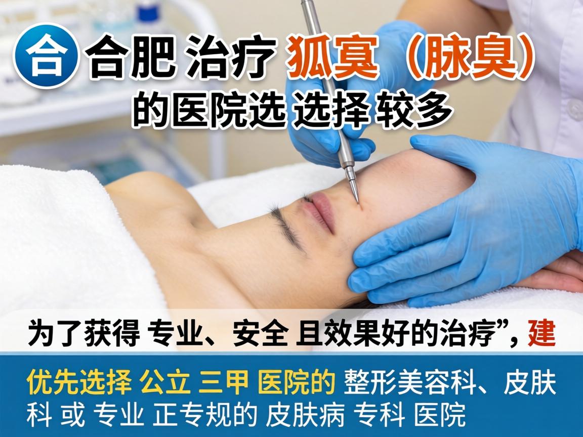 在合肥,治疗狐臭(腋臭)的医院选择较多。为了获得专业、安全且效果好的治疗,建议优先选择公立三甲医院的整形美容科、皮肤科或专业正规的皮肤病专科医院 在合肥,治疗狐臭(腋臭)的医院选择较多。为了获得专业、安全且效果好的治疗,建议优先选择公立三甲医院的整形美容科、皮肤科或专业正规的皮肤病专科医院