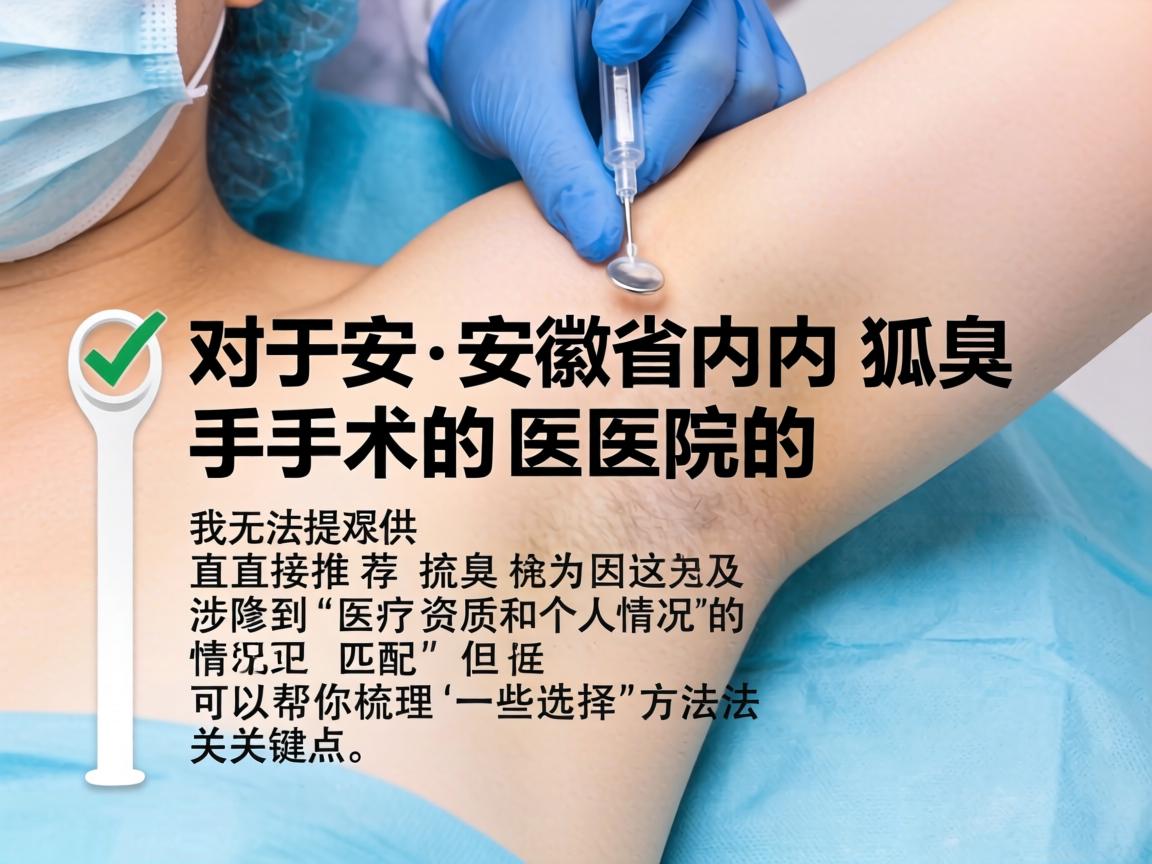 对于安徽省内狐臭手术医院的选择,我无法提供直接推荐,因为这涉及到医疗资质和个人情况的匹配。但可以帮你梳理一些选择的方法和关键点 对于安徽省内狐臭手术医院的选择,我无法提供直接推荐,因为这涉及到医疗资质和个人情况的匹配。但可以帮你梳理一些选择的方法和关键点