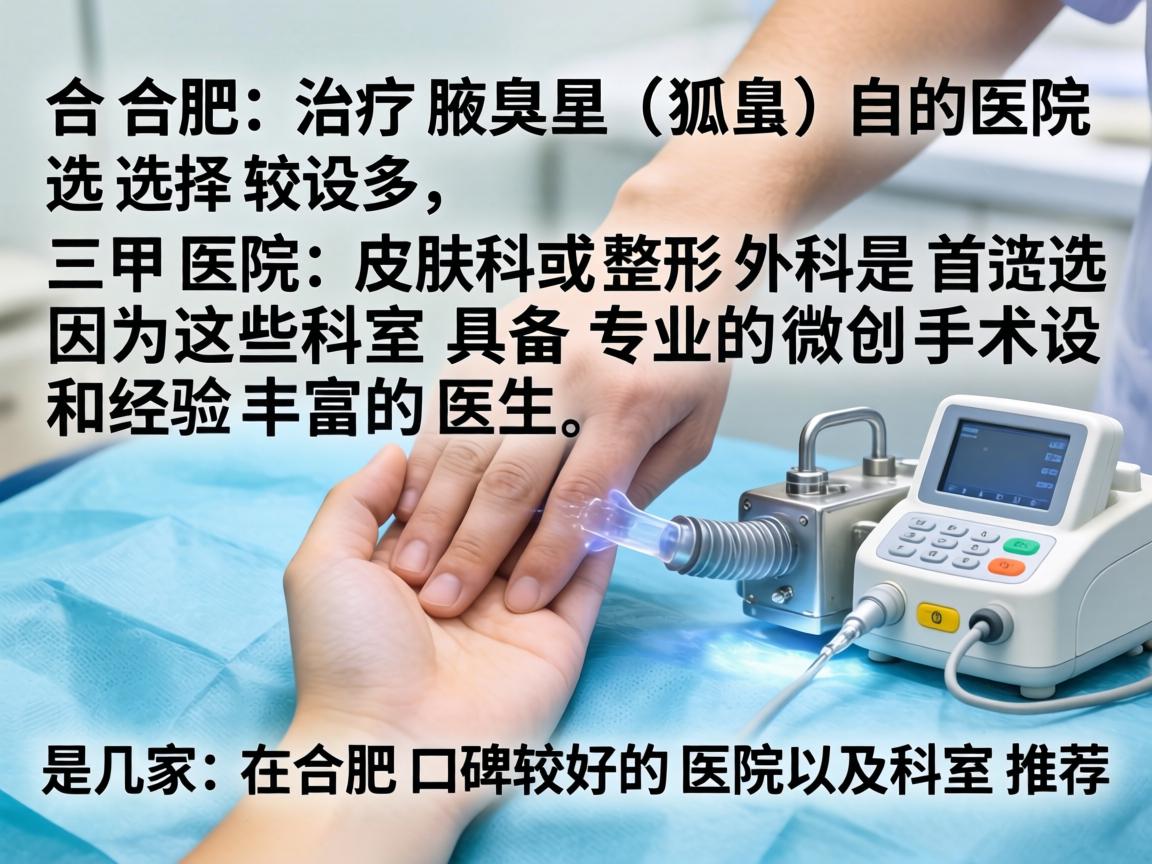 在合肥,治疗腋臭(狐臭)的医院选择较多,其中三甲医院的皮肤科或整形外科是首选,因为这些科室具备专业的微创手术设备和经验丰富的医生。以下是几家在合肥口碑较好的医院及科室推荐 在合肥,治疗腋臭(狐臭)的医院选择较多,其中三甲医院的皮肤科或整形外科是首选,因为这些科室具备专业的微创手术设备和经验丰富的医生。以下是几家在合肥口碑较好的医院及科室推荐