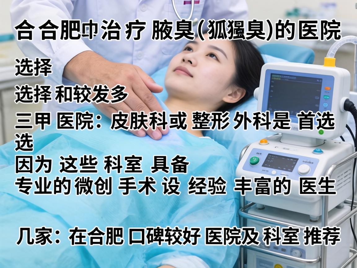 在合肥,治疗腋臭(狐臭)的医院选择较多,其中三甲医院的皮肤科或整形外科是首选,因为这些科室具备专业的微创手术设备和经验丰富的医生。以下是几家在合肥口碑较好的医院及科室推荐 在合肥,治疗腋臭(狐臭)的医院选择较多,其中三甲医院的皮肤科或整形外科是首选,因为这些科室具备专业的微创手术设备和经验丰富的医生。以下是几家在合肥口碑较好的医院及科室推荐