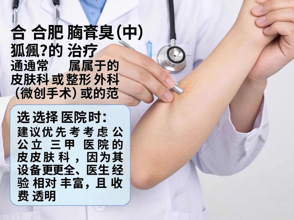在合肥,腋臭(狐臭)的治疗通常属于皮肤科或整形外科(微创手术)的范畴。选择医院时,建议优先考虑公立三甲医院的皮肤科,因为其设备更全、医生经验相对丰富,且收费透明 在合肥,腋臭(狐臭)的治疗通常属于皮肤科或整形外科(微创手术)的范畴。选择医院时,建议优先考虑公立三甲医院的皮肤科,因为其设备更全、医生经验相对丰富,且收费透明