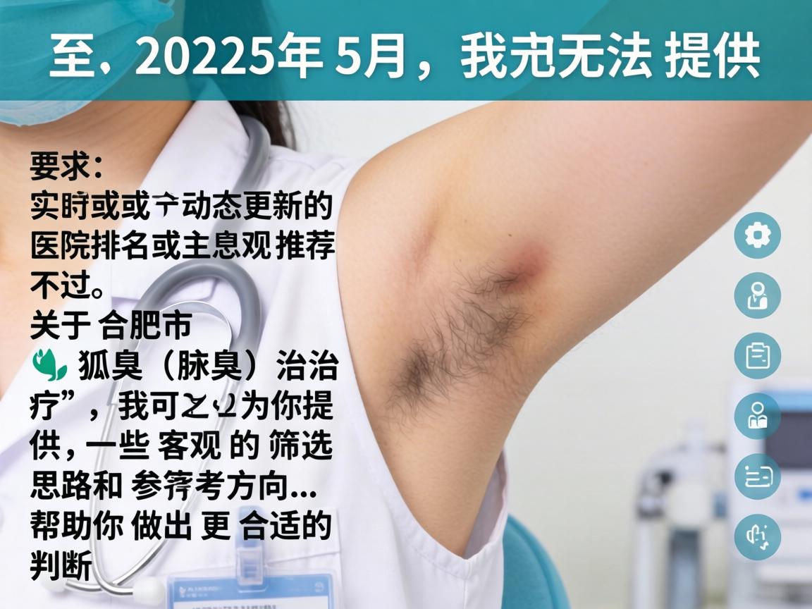 截至2025年5月,我无法提供实时或动态更新的医院排名或主观推荐。不过,关于合肥市狐臭(腋臭)治疗,我可以为你提供一些客观的筛选思路和参考方向,帮助你做出更合适的判断 截至2025年5月,我无法提供实时或动态更新的医院排名或主观推荐。不过,关于合肥市狐臭(腋臭)治疗,我可以为你提供一些客观的筛选思路和参考方向,帮助你做出更合适的判断