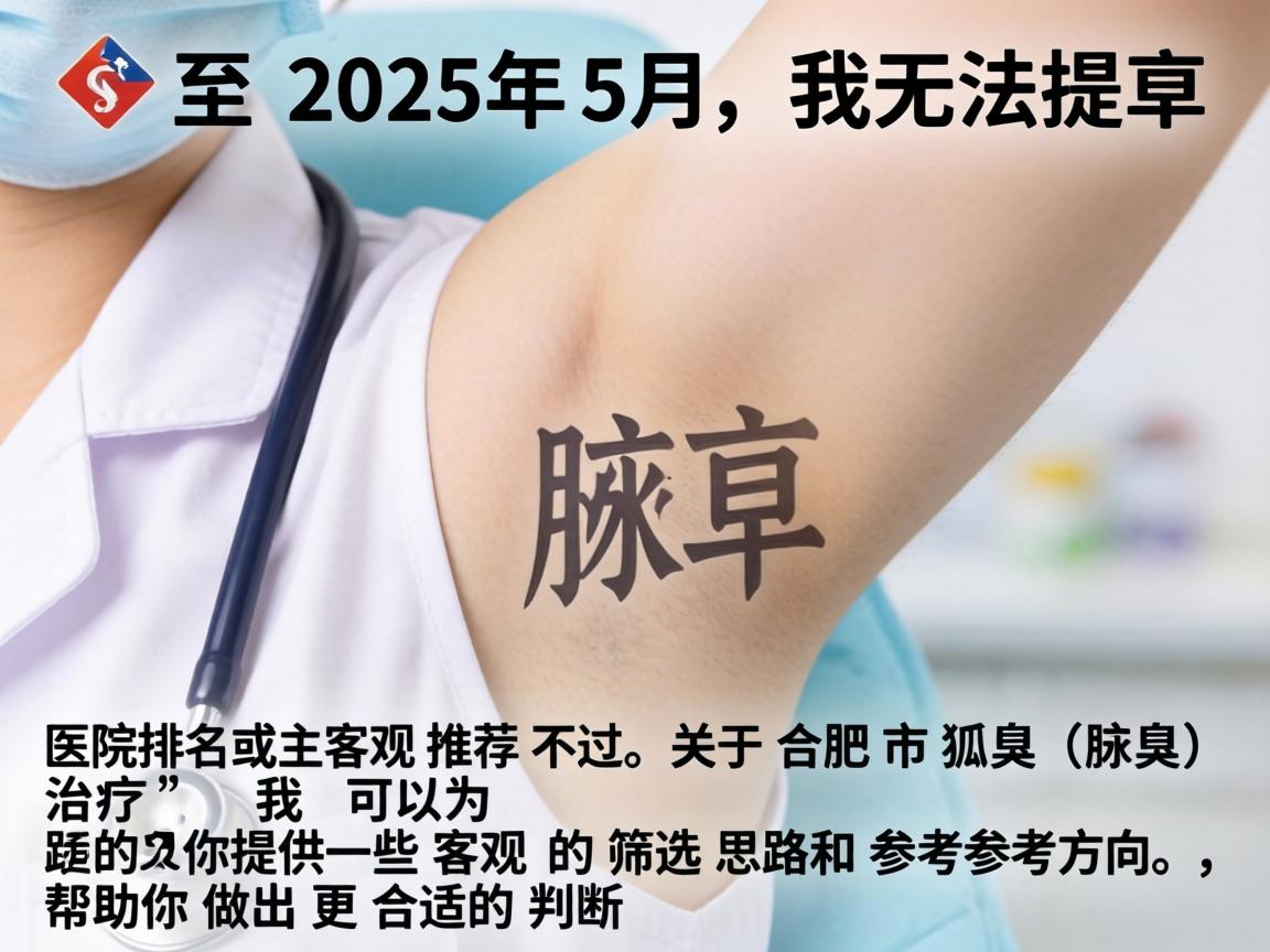 截至2025年5月,我无法提供实时或动态更新的医院排名或主观推荐。不过,关于合肥市狐臭(腋臭)治疗,我可以为你提供一些客观的筛选思路和参考方向,帮助你做出更合适的判断 截至2025年5月,我无法提供实时或动态更新的医院排名或主观推荐。不过,关于合肥市狐臭(腋臭)治疗,我可以为你提供一些客观的筛选思路和参考方向,帮助你做出更合适的判断