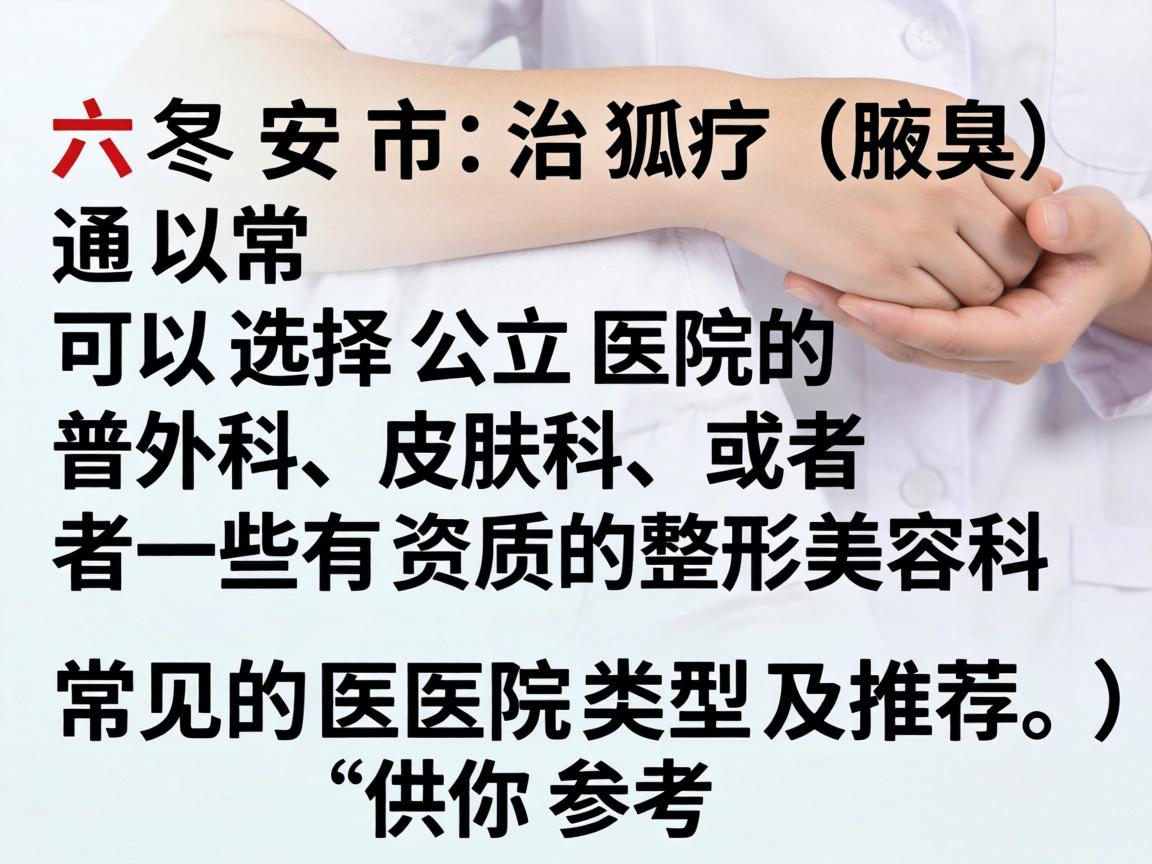 在六安市,治疗狐臭(腋臭)通常可以选择公立医院的普外科、皮肤科,或者一些有资质的整形美容科。以下是常见的医院类型及推荐,供你参考 在六安市,治疗狐臭(腋臭)通常可以选择公立医院的普外科、皮肤科,或者一些有资质的整形美容科。以下是常见的医院类型及推荐,供你参考