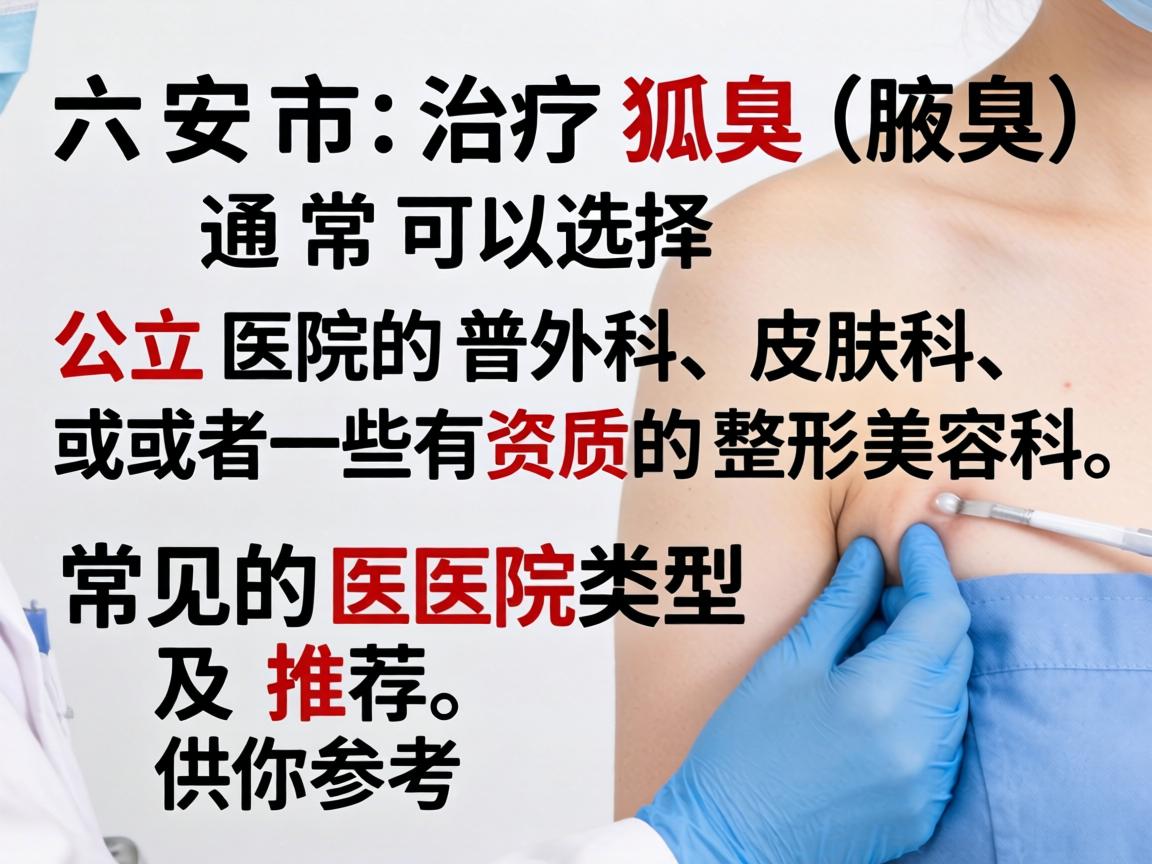 在六安市,治疗狐臭(腋臭)通常可以选择公立医院的普外科、皮肤科,或者一些有资质的整形美容科。以下是常见的医院类型及推荐,供你参考 在六安市,治疗狐臭(腋臭)通常可以选择公立医院的普外科、皮肤科,或者一些有资质的整形美容科。以下是常见的医院类型及推荐,供你参考