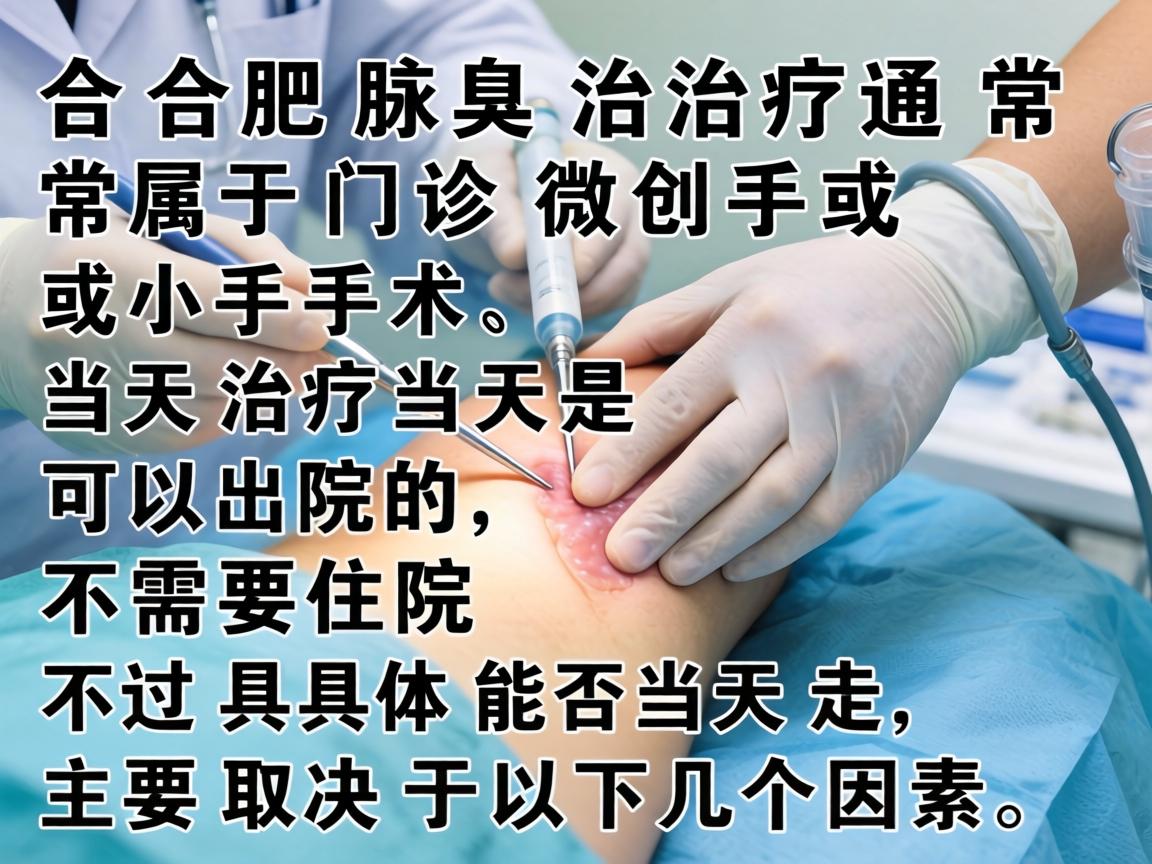 在合肥,腋臭治疗通常属于门诊微创手术或小手术,当天治疗当天是可以出院的,不需要住院。不过具体能否当天走,主要取决于以下几个因素 在合肥,腋臭治疗通常属于门诊微创手术或小手术,当天治疗当天是可以出院的,不需要住院。不过具体能否当天走,主要取决于以下几个因素