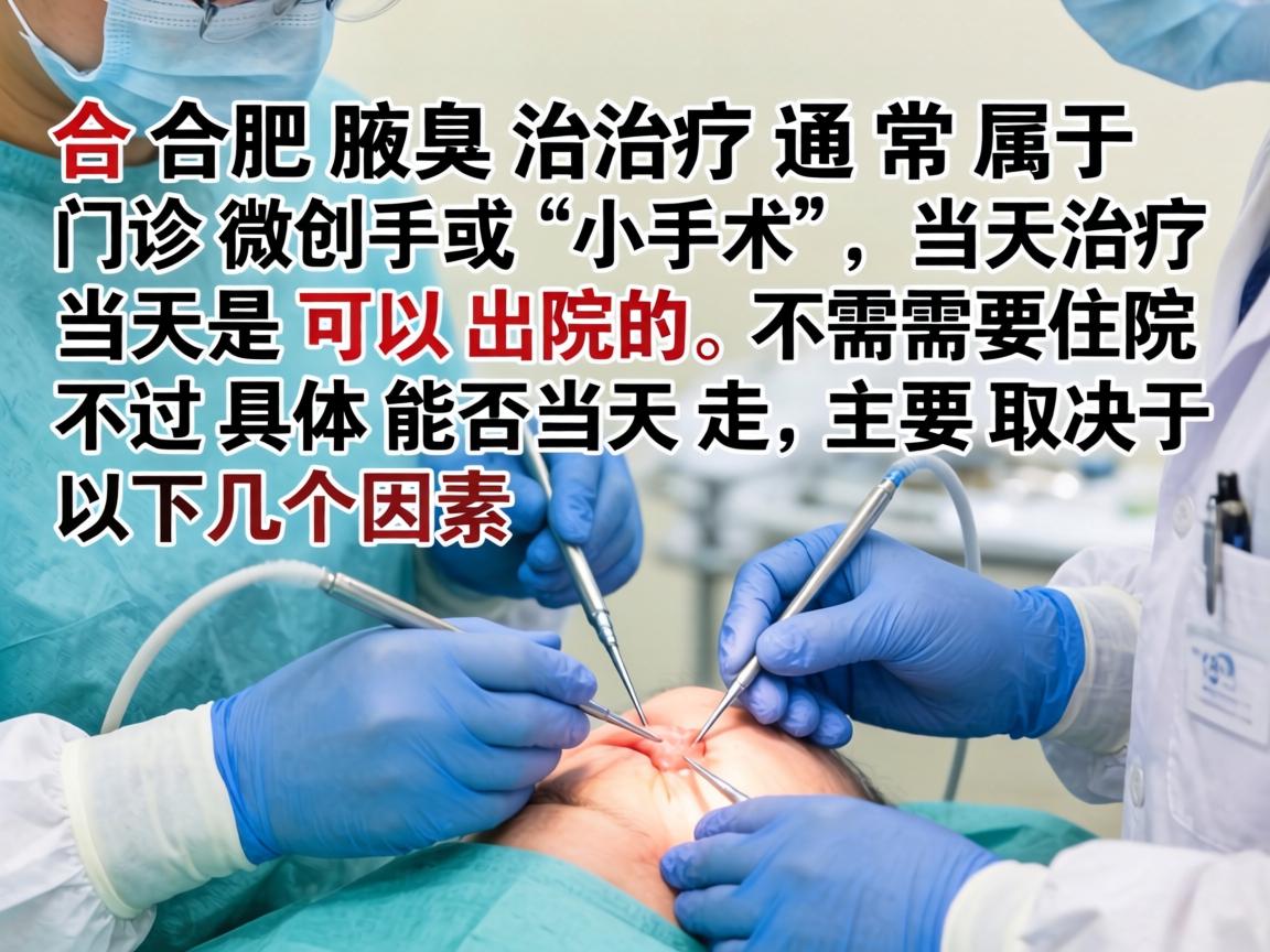 在合肥,腋臭治疗通常属于门诊微创手术或小手术,当天治疗当天是可以出院的,不需要住院。不过具体能否当天走,主要取决于以下几个因素 在合肥,腋臭治疗通常属于门诊微创手术或小手术,当天治疗当天是可以出院的,不需要住院。不过具体能否当天走,主要取决于以下几个因素