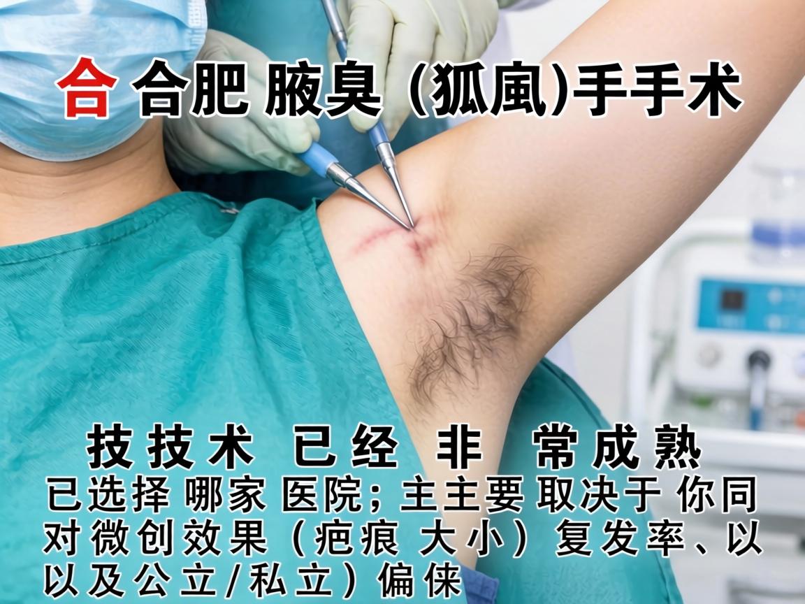 在合肥,腋臭(狐臭)手术的技术已经非常成熟。选择哪家医院,主要取决于你对微创效果(疤痕大小)复发率、以及公立/私立的偏好 在合肥,腋臭(狐臭)手术的技术已经非常成熟。选择哪家医院,主要取决于你对微创效果(疤痕大小)复发率、以及公立/私立的偏好