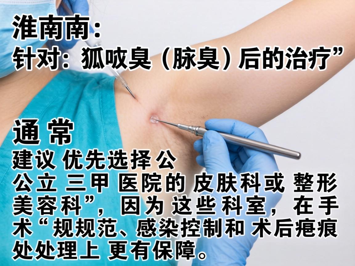 在淮南,针对狐臭(腋臭)的治疗,通常建议优先选择公立三甲医院的皮肤科或整形美容科,因为这些科室在手术规范、感染控制和术后疤痕处理上更有保障 在淮南,针对狐臭(腋臭)的治疗,通常建议优先选择公立三甲医院的皮肤科或整形美容科,因为这些科室在手术规范、感染控制和术后疤痕处理上更有保障