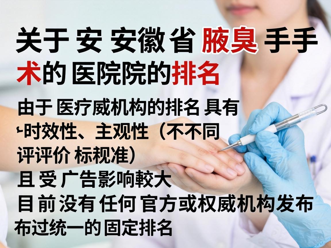 关于安徽省腋臭手术医院的排名,由于医疗机构的排名具有时效性、主观性(不同评价标准)且受广告影响较大,目前没有任何官方或权威机构发布过统一的固定排名 关于安徽省腋臭手术医院的排名,由于医疗机构的排名具有时效性、主观性(不同评价标准)且受广告影响较大,目前没有任何官方或权威机构发布过统一的固定排名