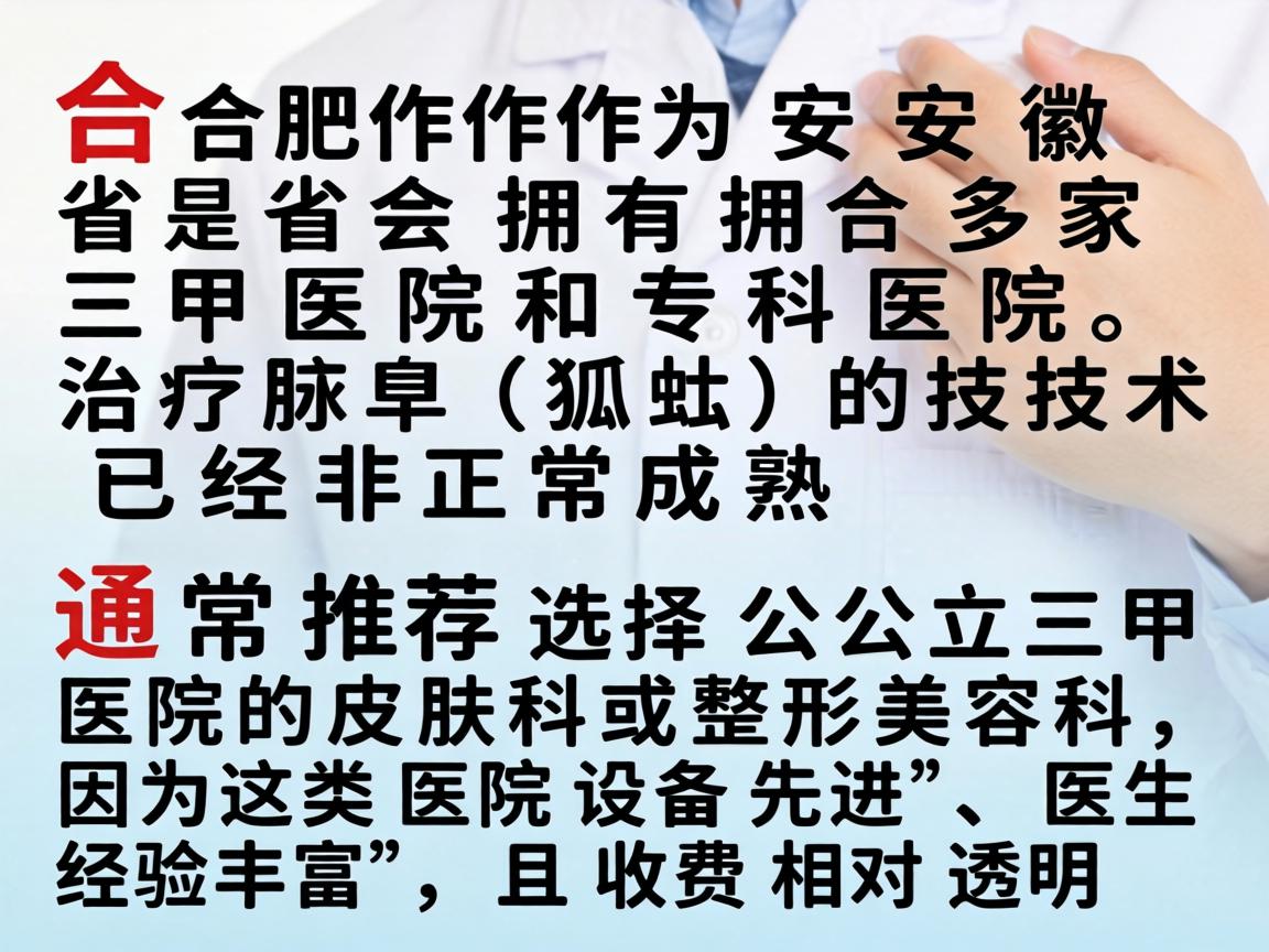 合肥作为安徽省的省会,拥有多家三甲医院和专科医院,治疗腋臭(狐臭)的技术已经非常成熟。通常推荐选择公立三甲医院的皮肤科或整形美容科,因为这类医院设备先进,医生经验丰富,且收费相对透明 合肥作为安徽省的省会,拥有多家三甲医院和专科医院,治疗腋臭(狐臭)的技术已经非常成熟。通常推荐选择公立三甲医院的皮肤科或整形美容科,因为这类医院设备先进,医生经验丰富,且收费相对透明