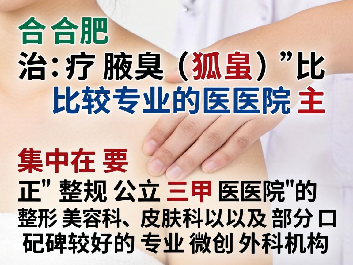 在合肥,治疗腋臭(狐臭)比较专业的医院主要集中在正规公立三甲医院的整形美容科、皮肤科以及部分口碑较好的专业微创外科机构 在合肥,治疗腋臭(狐臭)比较专业的医院主要集中在正规公立三甲医院的整形美容科、皮肤科以及部分口碑较好的专业微创外科机构