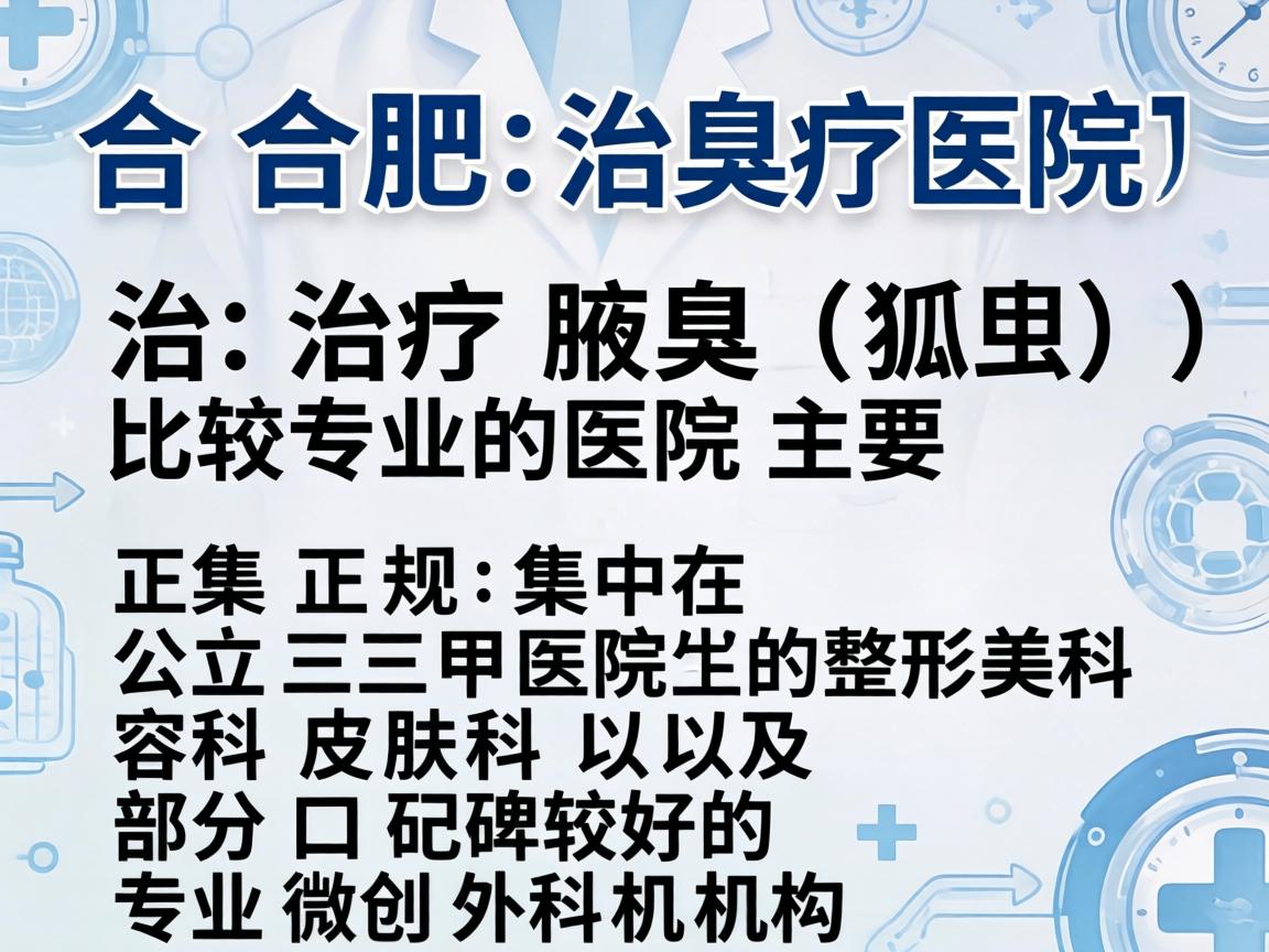 在合肥,治疗腋臭(狐臭)比较专业的医院主要集中在正规公立三甲医院的整形美容科、皮肤科以及部分口碑较好的专业微创外科机构 在合肥,治疗腋臭(狐臭)比较专业的医院主要集中在正规公立三甲医院的整形美容科、皮肤科以及部分口碑较好的专业微创外科机构