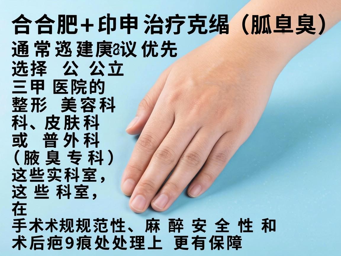 在合肥,治疗狐臭(腋臭)通常建议优先选择公立三甲医院的整形美容科、皮肤科或普外科(腋臭专科)这些科室在手术规范性、麻醉安全性和术后疤痕处理上更有保障 在合肥,治疗狐臭(腋臭)通常建议优先选择公立三甲医院的整形美容科、皮肤科或普外科(腋臭专科)这些科室在手术规范性、麻醉安全性和术后疤痕处理上更有保障