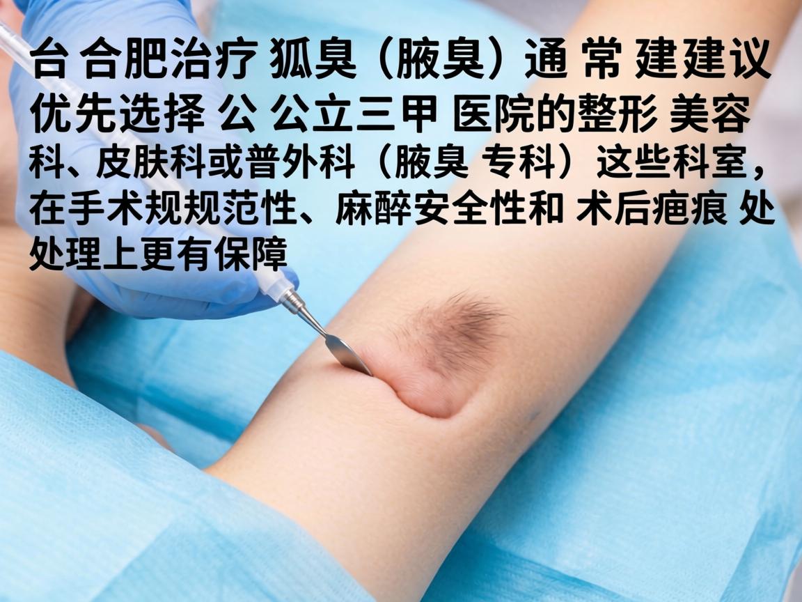 在合肥,治疗狐臭(腋臭)通常建议优先选择公立三甲医院的整形美容科、皮肤科或普外科(腋臭专科)这些科室在手术规范性、麻醉安全性和术后疤痕处理上更有保障 在合肥,治疗狐臭(腋臭)通常建议优先选择公立三甲医院的整形美容科、皮肤科或普外科(腋臭专科)这些科室在手术规范性、麻醉安全性和术后疤痕处理上更有保障