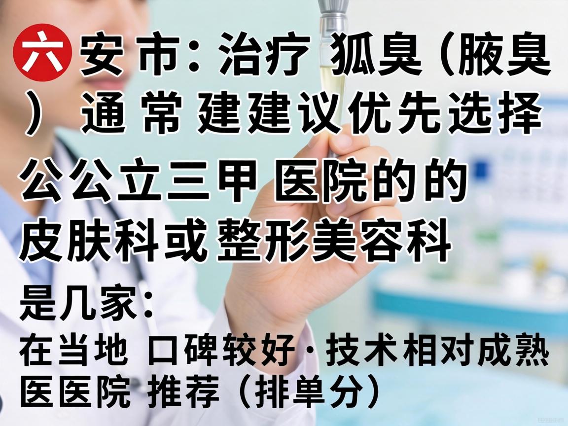 在六安市,治疗狐臭(腋臭)通常建议优先选择公立三甲医院的皮肤科或整形美容科。以下是几家在当地口碑较好、技术相对成熟的医院推荐(排名不分先后) 在六安市,治疗狐臭(腋臭)通常建议优先选择公立三甲医院的皮肤科或整形美容科。以下是几家在当地口碑较好、技术相对成熟的医院推荐(排名不分先后)