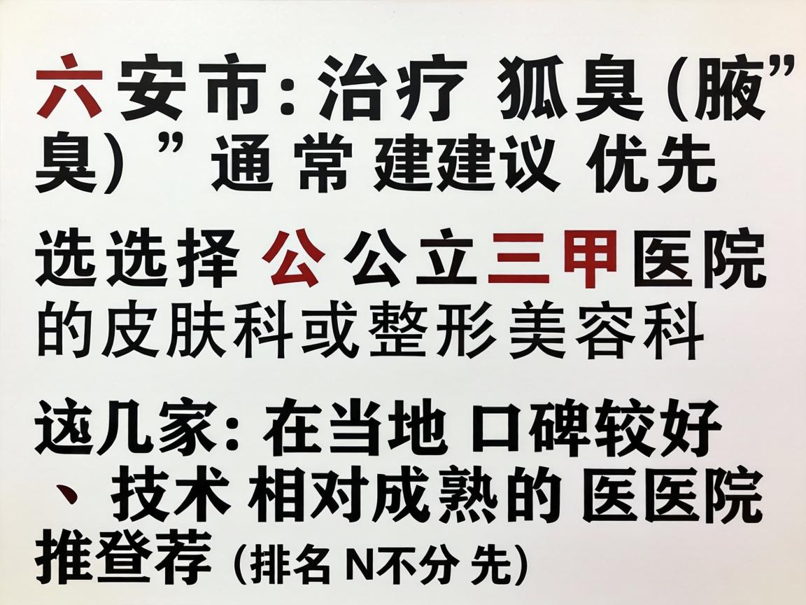 在六安市,治疗狐臭(腋臭)通常建议优先选择公立三甲医院的皮肤科或整形美容科。以下是几家在当地口碑较好、技术相对成熟的医院推荐(排名不分先后) 在六安市,治疗狐臭(腋臭)通常建议优先选择公立三甲医院的皮肤科或整形美容科。以下是几家在当地口碑较好、技术相对成熟的医院推荐(排名不分先后)