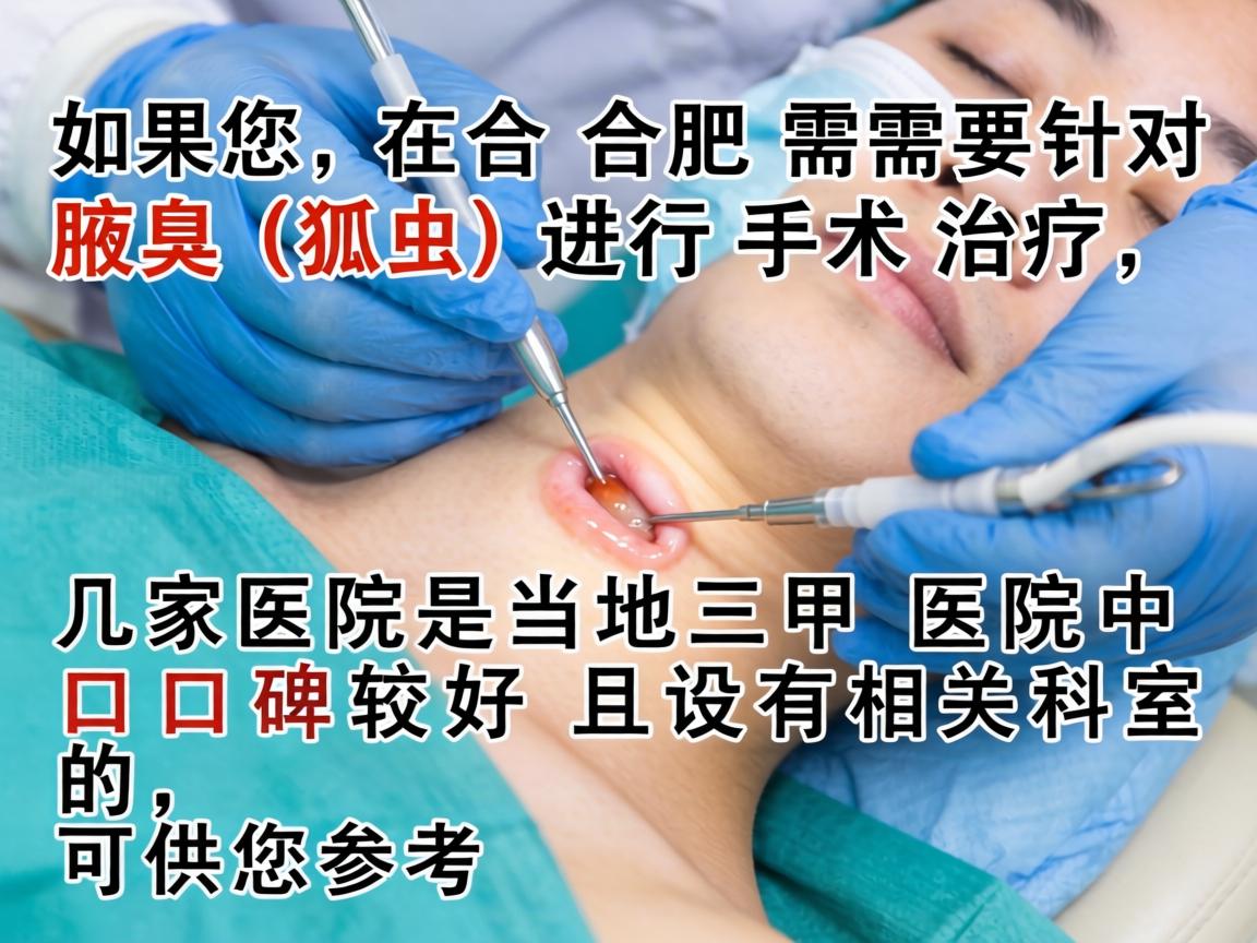 如果您在合肥需要针对腋臭(狐臭)进行手术治疗,以下几家医院是当地三甲医院中口碑较好且设有相关科室的,可供您参考 如果您在合肥需要针对腋臭(狐臭)进行手术治疗,以下几家医院是当地三甲医院中口碑较好且设有相关科室的,可供您参考