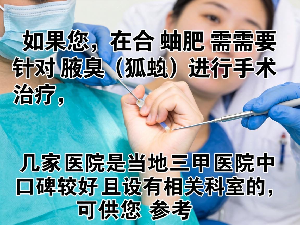 如果您在合肥需要针对腋臭(狐臭)进行手术治疗,以下几家医院是当地三甲医院中口碑较好且设有相关科室的,可供您参考 如果您在合肥需要针对腋臭(狐臭)进行手术治疗,以下几家医院是当地三甲医院中口碑较好且设有相关科室的,可供您参考
