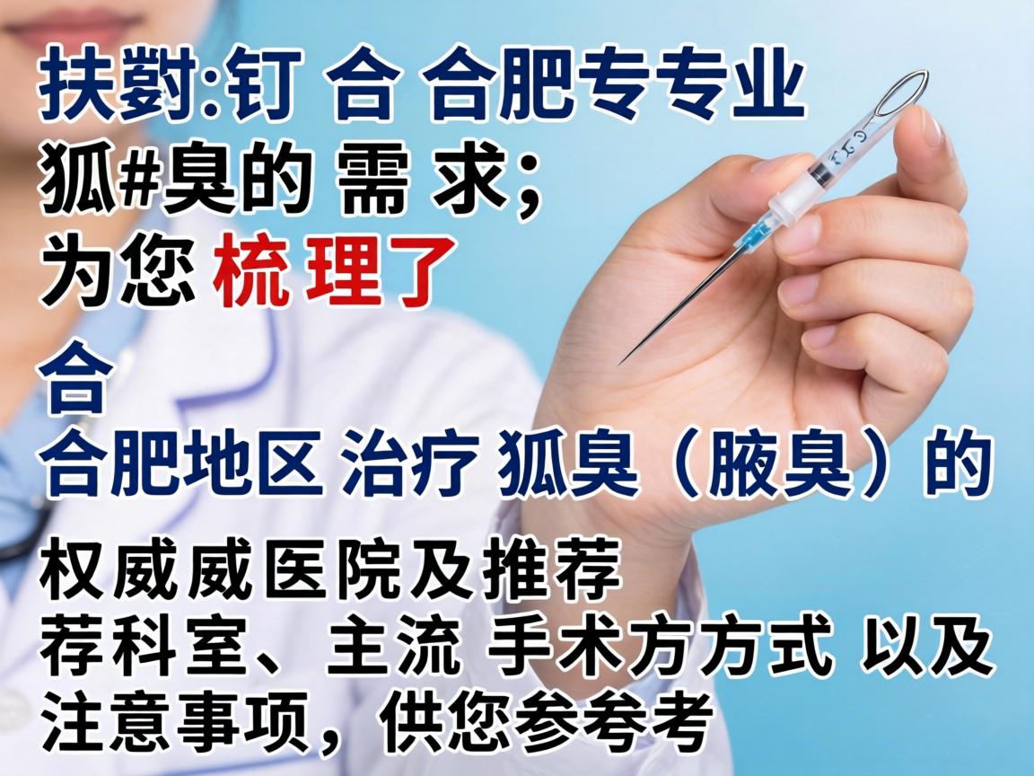 针对合肥专业狐臭的需求,为您梳理了合肥地区治疗狐臭(腋臭)的权威医院及推荐科室、主流手术方式以及注意事项,供您参考 针对合肥专业狐臭的需求,为您梳理了合肥地区治疗狐臭(腋臭)的权威医院及推荐科室、主流手术方式以及注意事项,供您参考