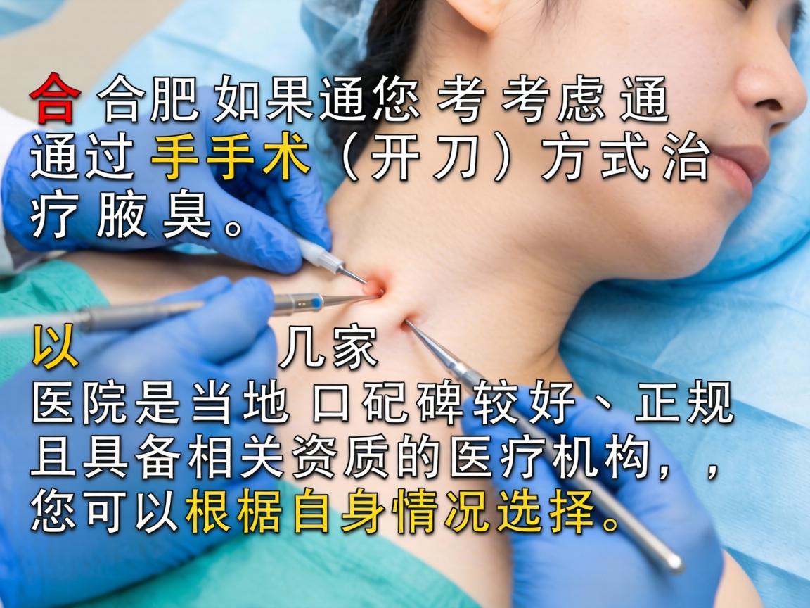 在合肥,如果您考虑通过手术(开刀)方式治疗腋臭,以下几家医院是当地口碑较好、正规且具备相关资质的医疗机构,您可以根据自身情况选择 在合肥,如果您考虑通过手术(开刀)方式治疗腋臭,以下几家医院是当地口碑较好、正规且具备相关资质的医疗机构,您可以根据自身情况选择