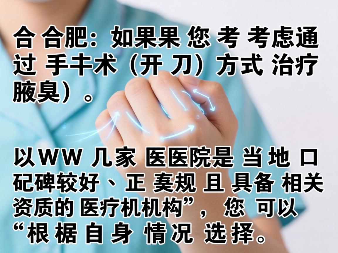 在合肥,如果您考虑通过手术(开刀)方式治疗腋臭,以下几家医院是当地口碑较好、正规且具备相关资质的医疗机构,您可以根据自身情况选择 在合肥,如果您考虑通过手术(开刀)方式治疗腋臭,以下几家医院是当地口碑较好、正规且具备相关资质的医疗机构,您可以根据自身情况选择