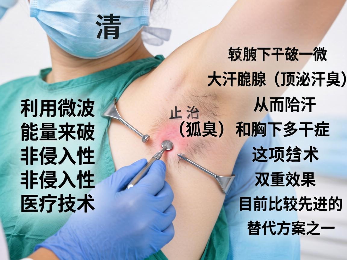 清新微波腋臭手术是一种利用微波能量来破坏腋下大汗腺(顶泌汗腺)从而治疗腋臭(狐臭)和腋下多汗症的非侵入性医疗技术。这项技术结合了止汗和除臭的双重效果,是目前比较先进的替代方案之一 清新微波腋臭手术是一种利用微波能量来破坏腋下大汗腺(顶泌汗腺)从而治疗腋臭(狐臭)和腋下多汗症的非侵入性医疗技术。这项技术结合了止汗和除臭的双重效果,是目前比较先进的替代方案之一