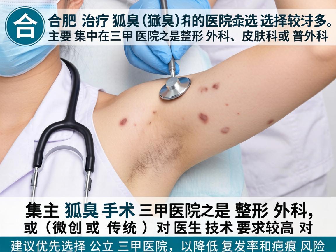 在合肥,治疗狐臭(腋臭)的医院选择较多,主要集中在三甲医院的整形外科、皮肤科或普外科。狐臭手术(微创或传统)对医生技术要求较高,建议优先选择公立三甲医院,以降低复发率和疤痕风险 在合肥,治疗狐臭(腋臭)的医院选择较多,主要集中在三甲医院的整形外科、皮肤科或普外科。狐臭手术(微创或传统)对医生技术要求较高,建议优先选择公立三甲医院,以降低复发率和疤痕风险