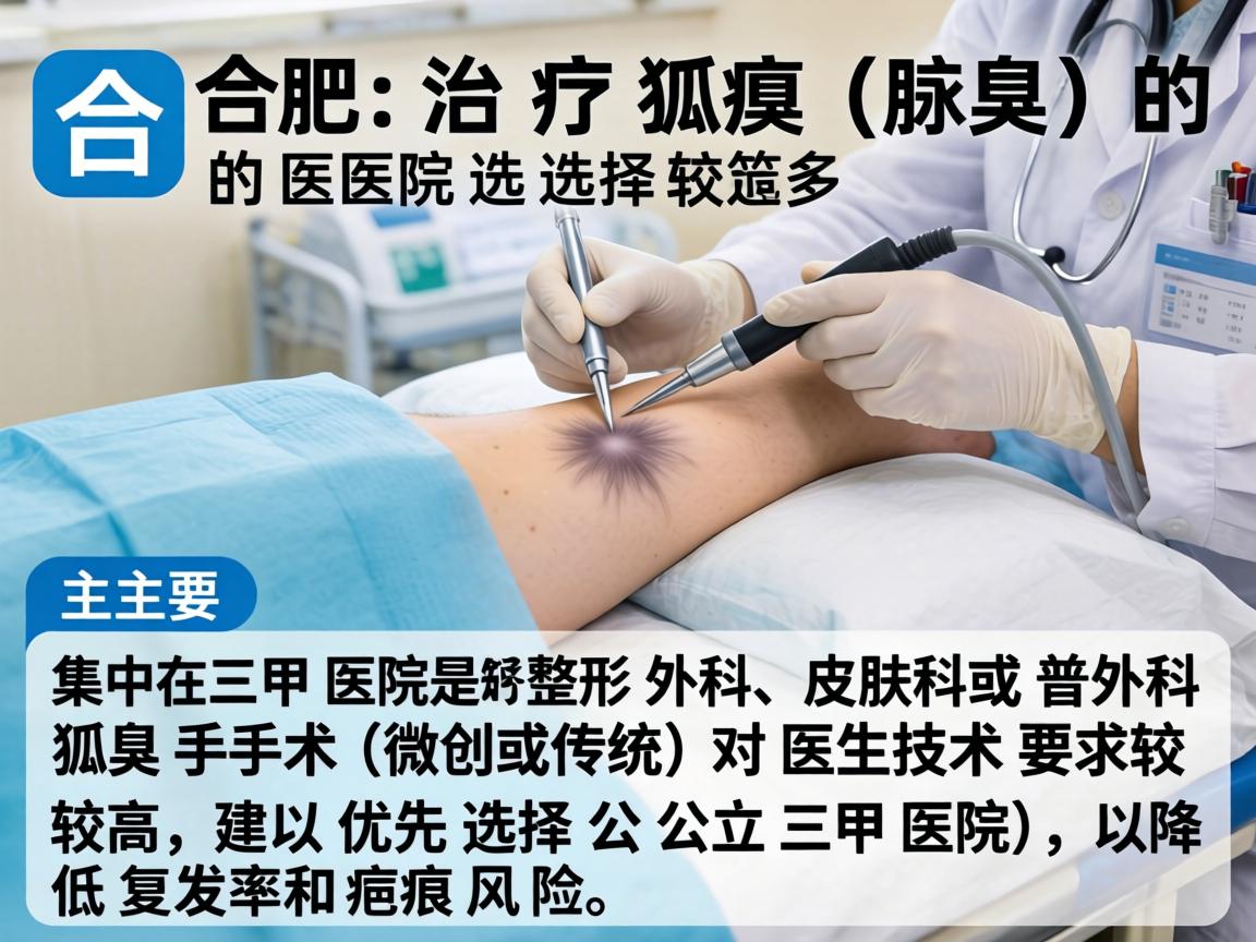 在合肥,治疗狐臭(腋臭)的医院选择较多,主要集中在三甲医院的整形外科、皮肤科或普外科。狐臭手术(微创或传统)对医生技术要求较高,建议优先选择公立三甲医院,以降低复发率和疤痕风险 在合肥,治疗狐臭(腋臭)的医院选择较多,主要集中在三甲医院的整形外科、皮肤科或普外科。狐臭手术(微创或传统)对医生技术要求较高,建议优先选择公立三甲医院,以降低复发率和疤痕风险